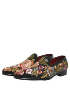 Black Velvet Floral Embroidery Loafers Shoes