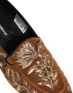 Brown Velvet Floral Embroidery Loafers Shoes