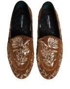 Brown Velvet Floral Embroidery Loafers Shoes