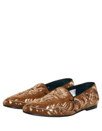 Brown Velvet Floral Embroidery Loafers Shoes