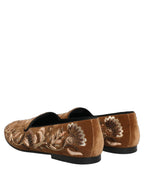 Brown Velvet Floral Embroidery Loafers Shoes