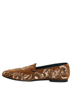 Brown Velvet Floral Embroidery Loafers Shoes