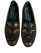 Black Gold Embellished Slip On Loafers Shoes