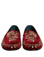 Red Velvet Floral Embroidery Loafers Shoes
