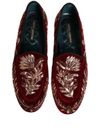 Red Velvet Floral Embroidery Loafers Shoes
