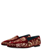 Red Velvet Floral Embroidery Loafers Shoes