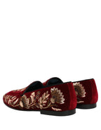Red Velvet Floral Embroidery Loafers Shoes