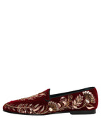 Red Velvet Floral Embroidery Loafers Shoes