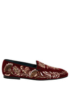 Red Velvet Floral Embroidery Loafers Shoes