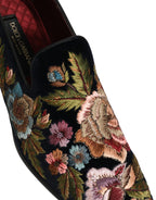 Black Velvet Floral Embroidery Loafers Shoes