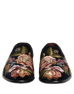 Black Velvet Floral Embroidery Loafers Shoes