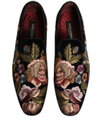 Black Velvet Floral Embroidery Loafers Shoes