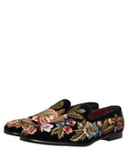 Black Velvet Floral Embroidery Loafers Shoes