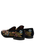 Black Velvet Floral Embroidery Loafers Shoes