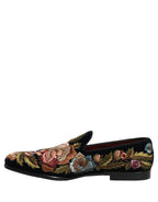 Black Velvet Floral Embroidery Loafers Shoes