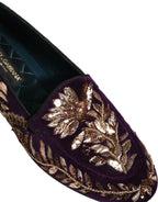 Violet Velvet Floral Embroidery Loafers Shoes