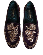 Violet Velvet Floral Embroidery Loafers Shoes