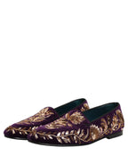 Violet Velvet Floral Embroidery Loafers Shoes