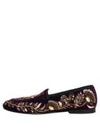 Violet Velvet Floral Embroidery Loafers Shoes