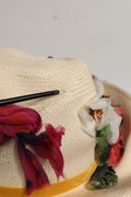 Women Beige Floral Apllique Straw Bucket Hat