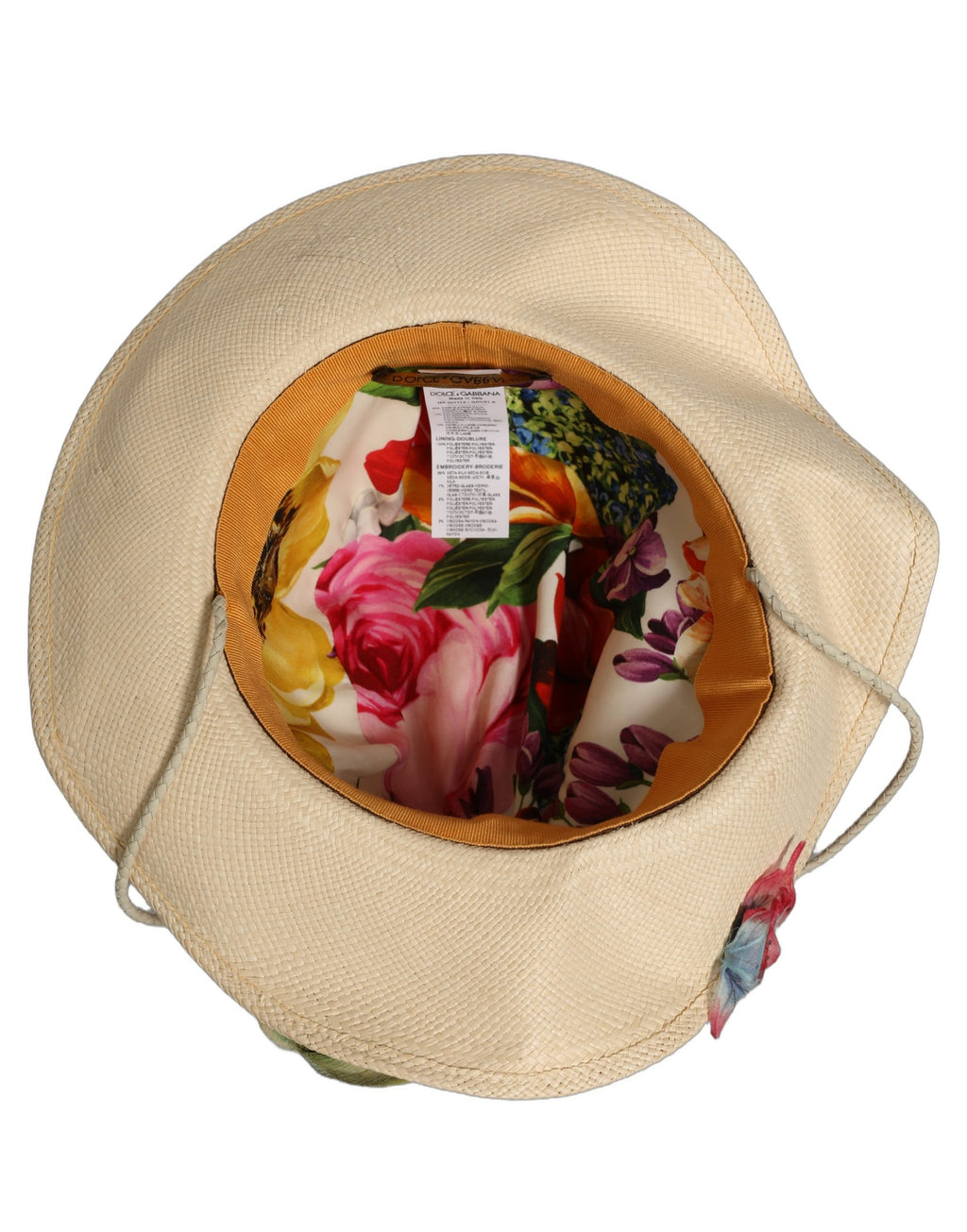 Women Beige Floral Apllique Straw Bucket Hat