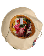 Women Beige Floral Apllique Straw Bucket Hat