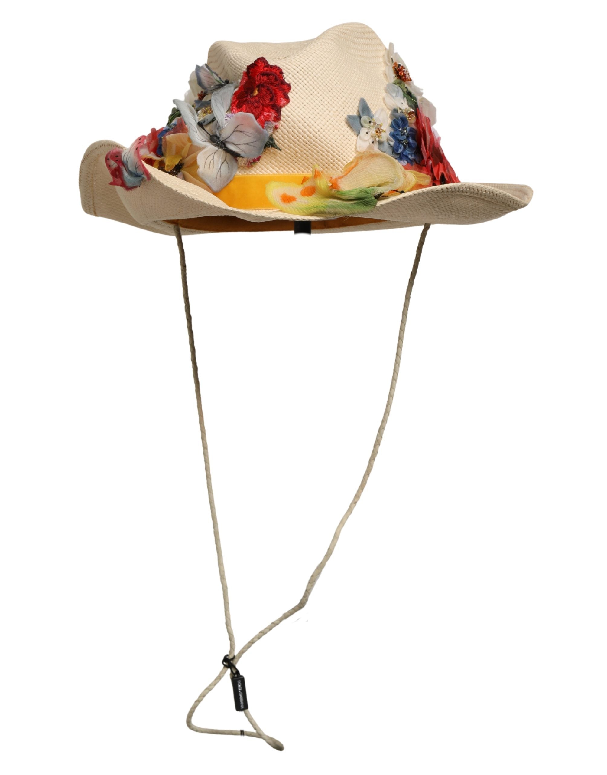 Women Beige Floral Apllique Straw Bucket Hat