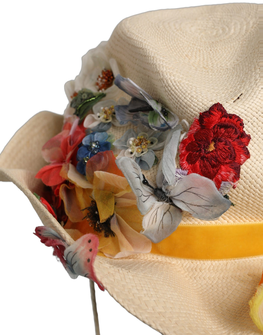 Women Beige Floral Apllique Straw Bucket Hat