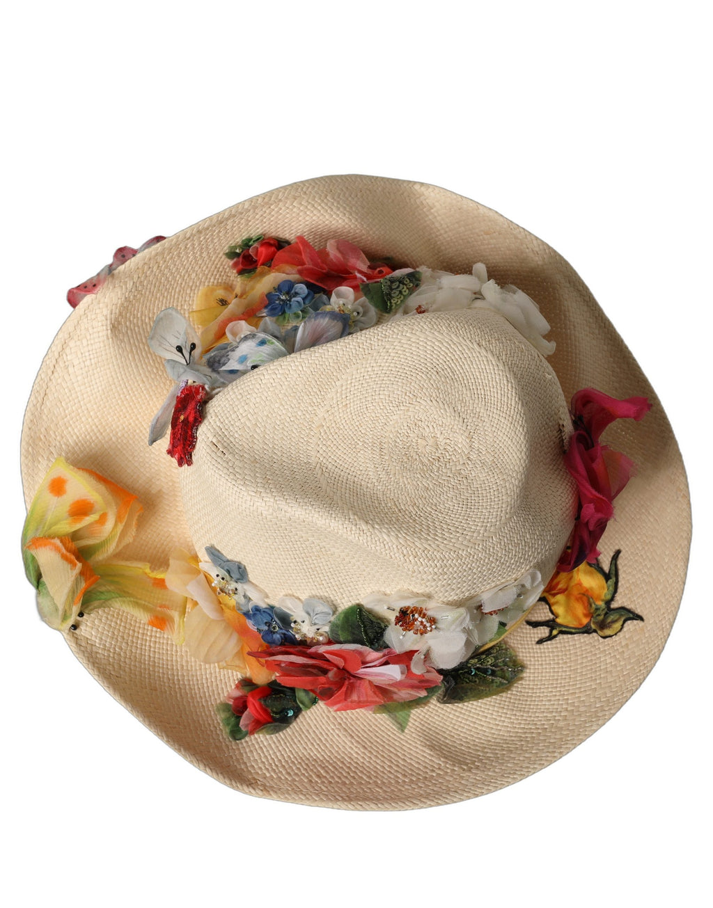 Women Beige Floral Apllique Straw Bucket Hat