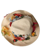 Women Beige Floral Apllique Straw Bucket Hat