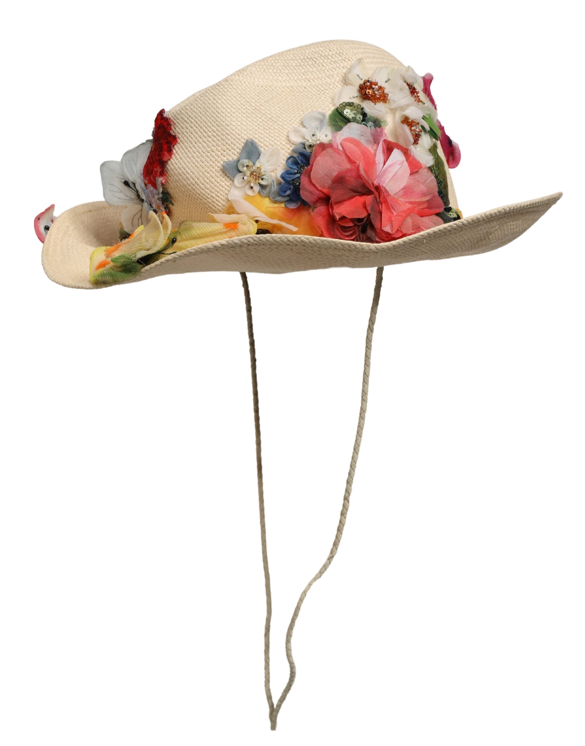 Women Beige Floral Apllique Straw Bucket Hat
