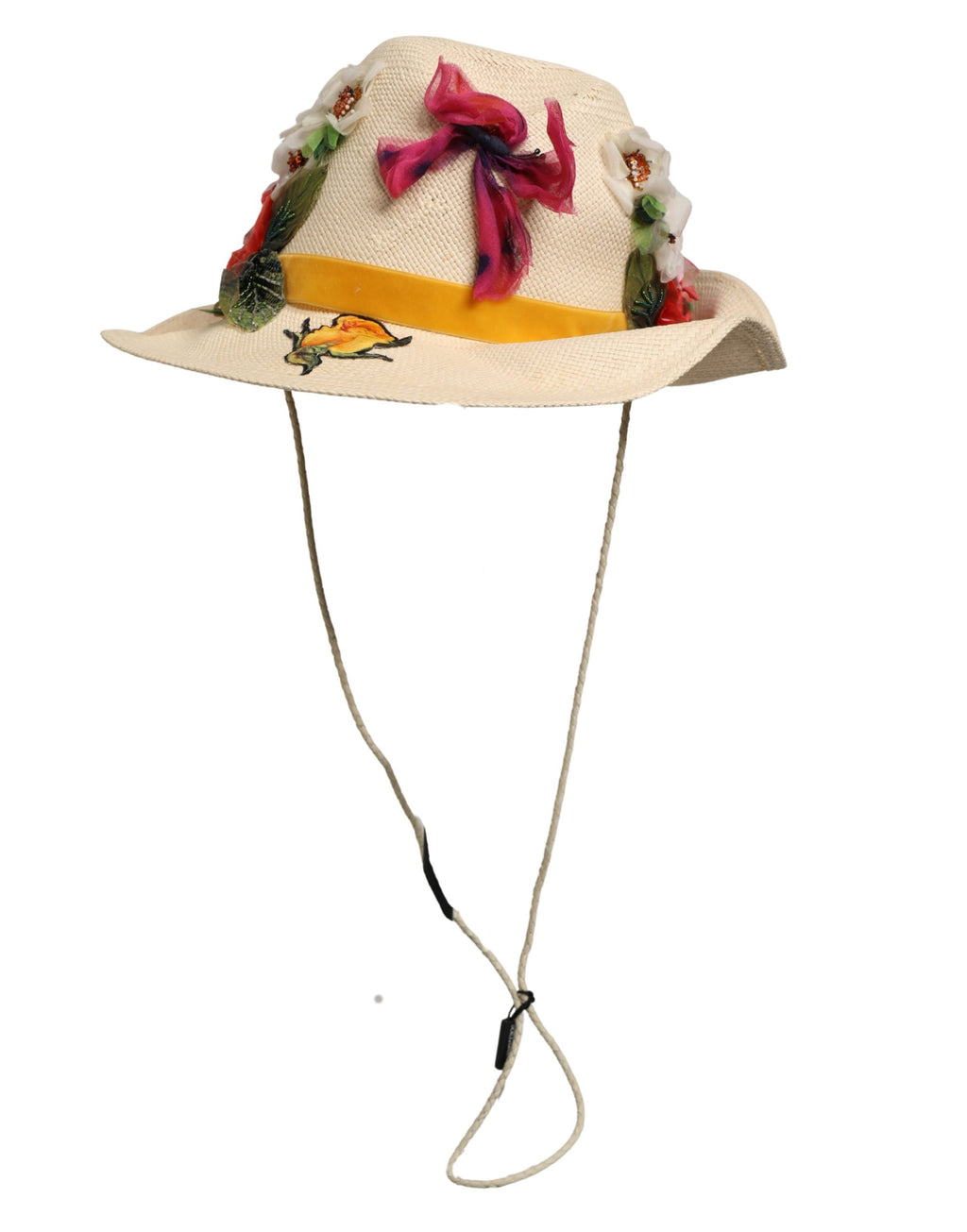 Women Beige Floral Apllique Straw Bucket Hat