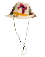Women Beige Floral Apllique Straw Bucket Hat