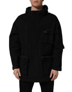 Black Nylon Men Hooded Windbreaker Jacket