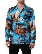 Blue Silk Twill Hawaiian GraphicPrint Shirt