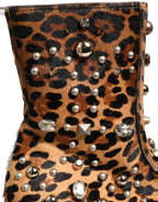 Brown Leopard Embellished Mid Calf Men Boots Shoes