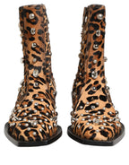 Brown Leopard Embellished Mid Calf Men Boots Shoes