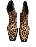 Brown Leopard Embellished Mid Calf Men Boots Shoes
