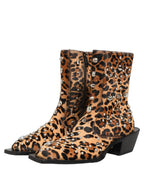 Brown Leopard Embellished Mid Calf Men Boots Shoes