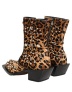 Brown Leopard Embellished Mid Calf Men Boots Shoes