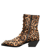 Brown Leopard Embellished Mid Calf Men Boots Shoes