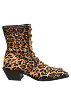 Brown Leopard Embellished Mid Calf Men Boots Shoes