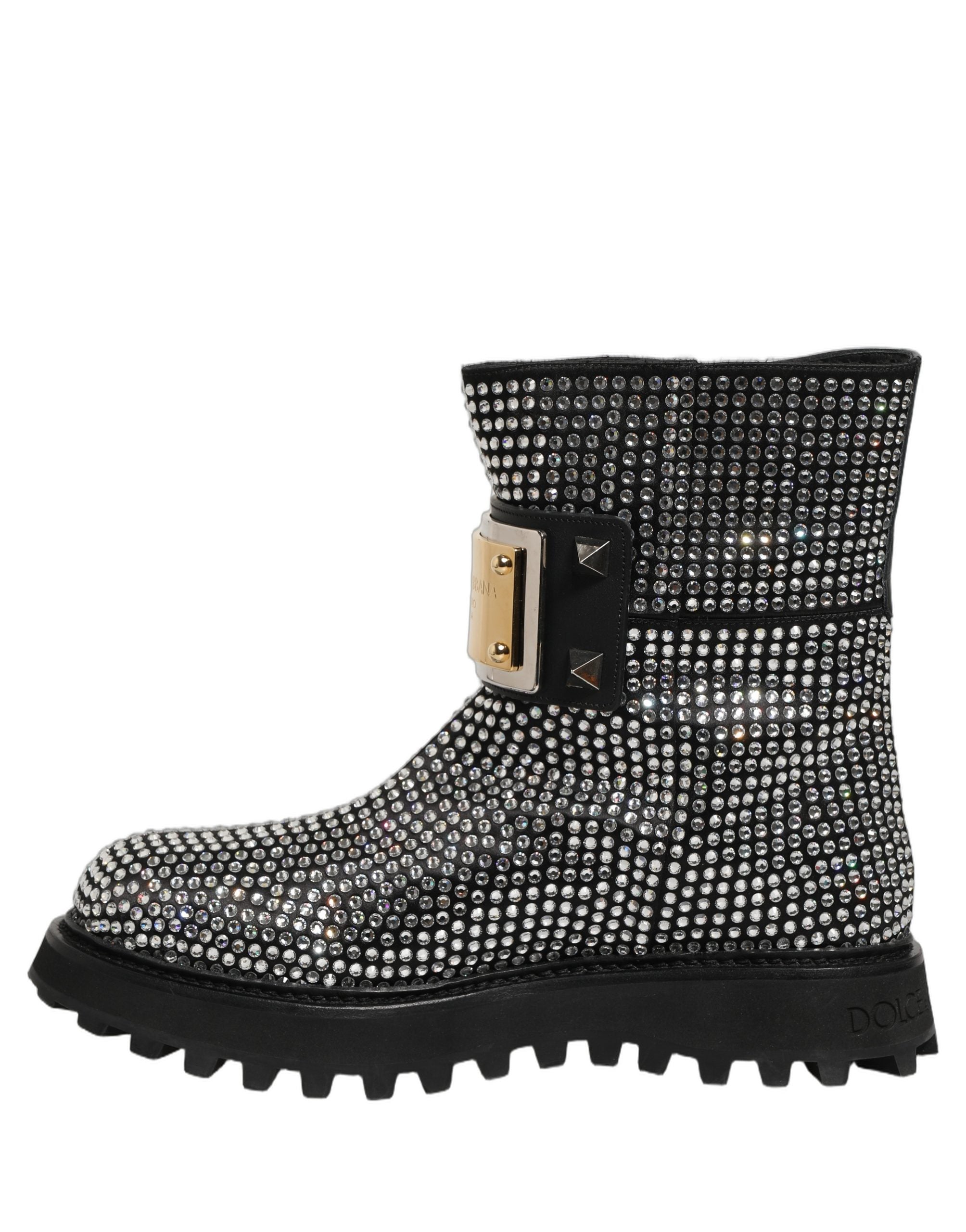 Black Crystal Embellished Short Boots Shoes