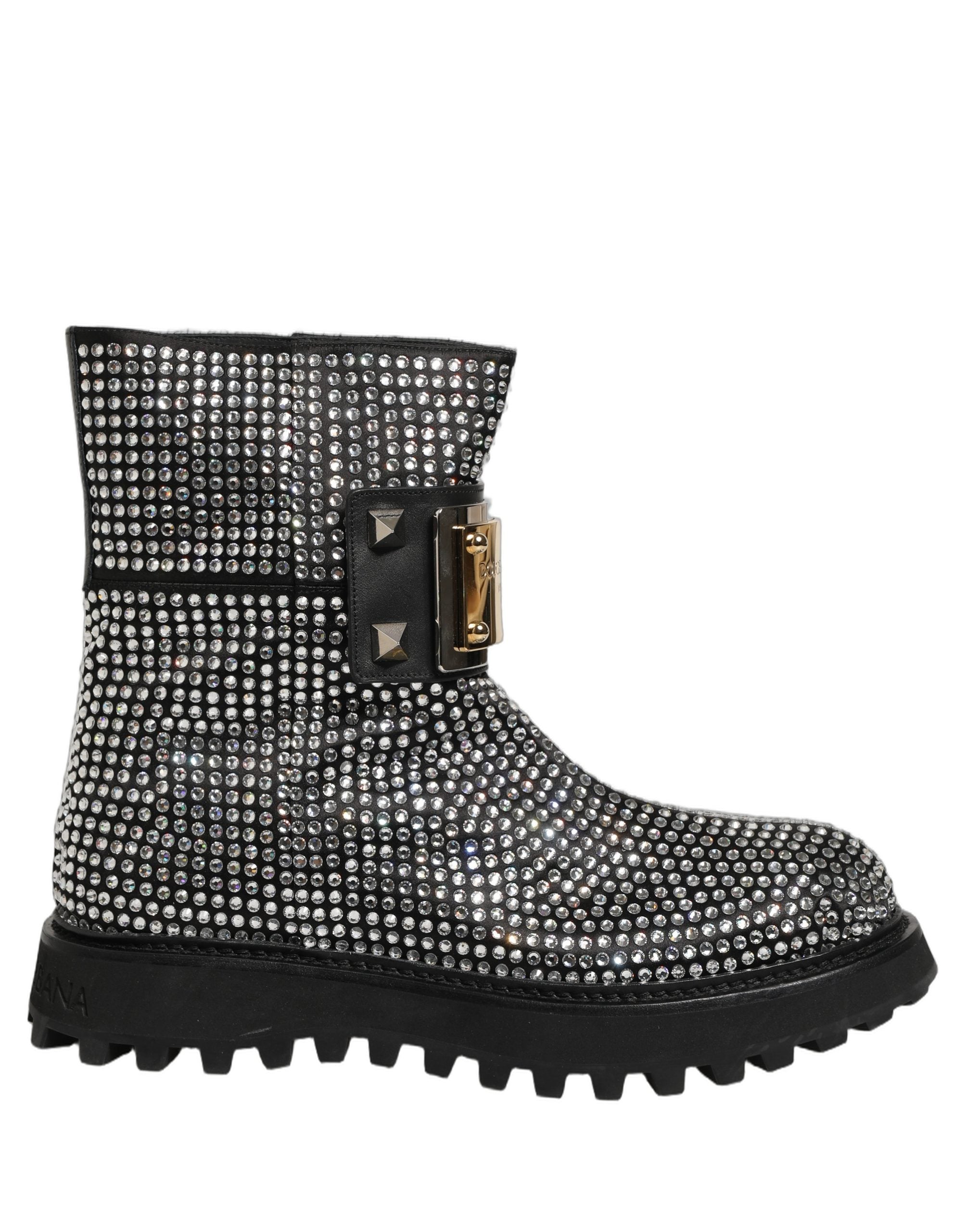 Black Crystal Embellished Short Boots Shoes
