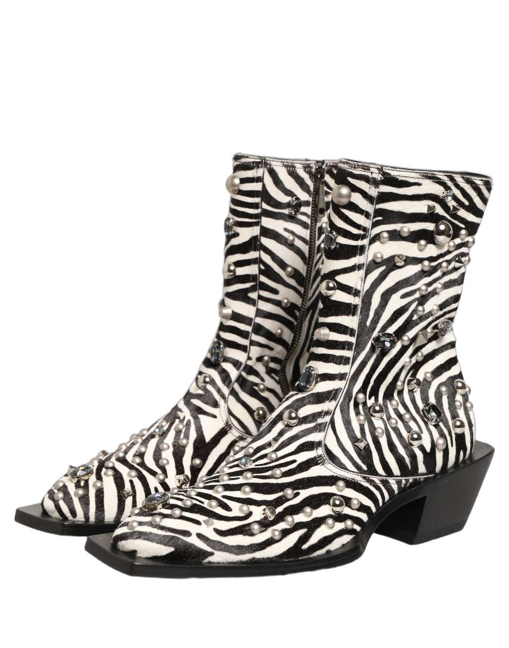 Black White Zebra Embellished Boots Shoes