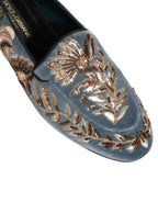 Blue Velvet Embellished Dress Loafers Shoes