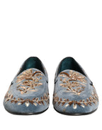 Blue Velvet Embellished Dress Loafers Shoes