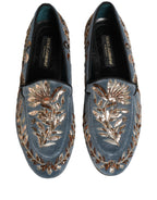 Blue Velvet Embellished Dress Loafers Shoes