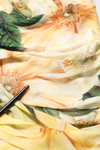 Yellow Floral Print Silk Pleated Maxi Dress