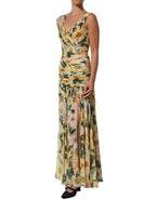 Yellow Floral Print Silk Pleated Maxi Dress